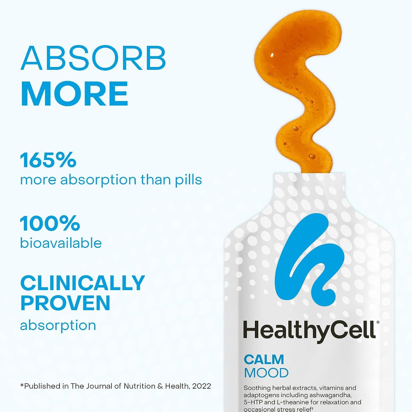 Healthycell Calm Mood Daily Liquid Supplement - Stress & Cortisol Support | 30 Gel Packs with Ashwagandha, L-Theanine, Magnesium, 5-HTP, GABA & Saffron - Calms Mood, Stress Relief & Cortisol Balance