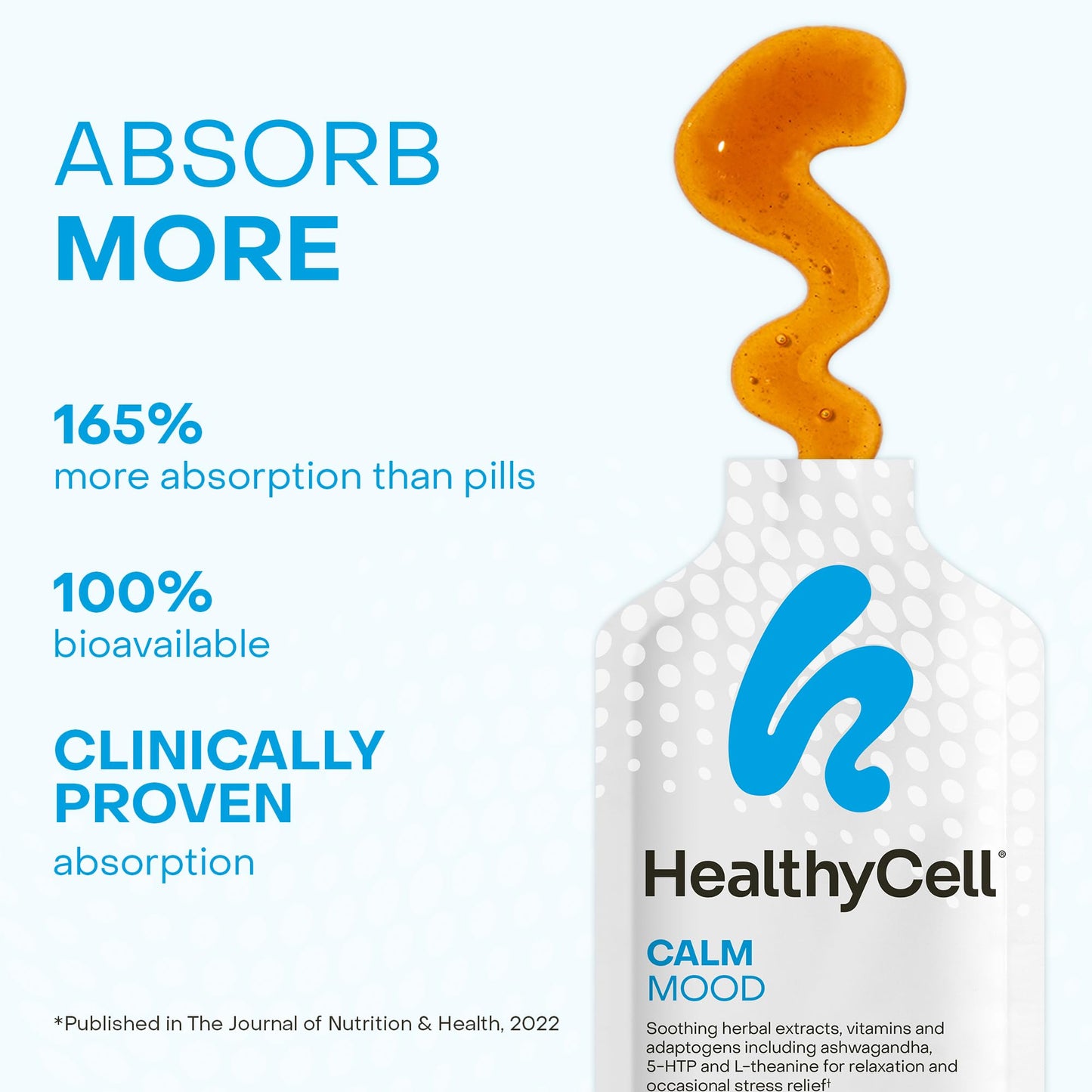 Healthycell Calm Mood Daily Liquid Supplement - Stress & Cortisol Support | 30 Gel Packs with Ashwagandha, L-Theanine, Magnesium, 5-HTP, GABA & Saffron - Calms Mood, Stress Relief & Cortisol Balance