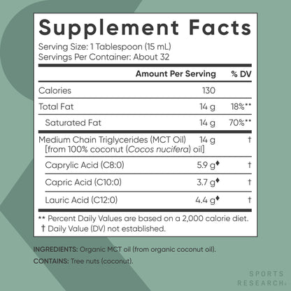 Sports Research Organic MCT Oil - Keto & Vegan MCTs C8, C10, C12 from Coconuts - Fatty Acid Brain & Body Fuel, Non-GMO & Gluten Free - Flavorless Oil, Perfect in Coffee, Tea & Protein Shakes - 32 oz