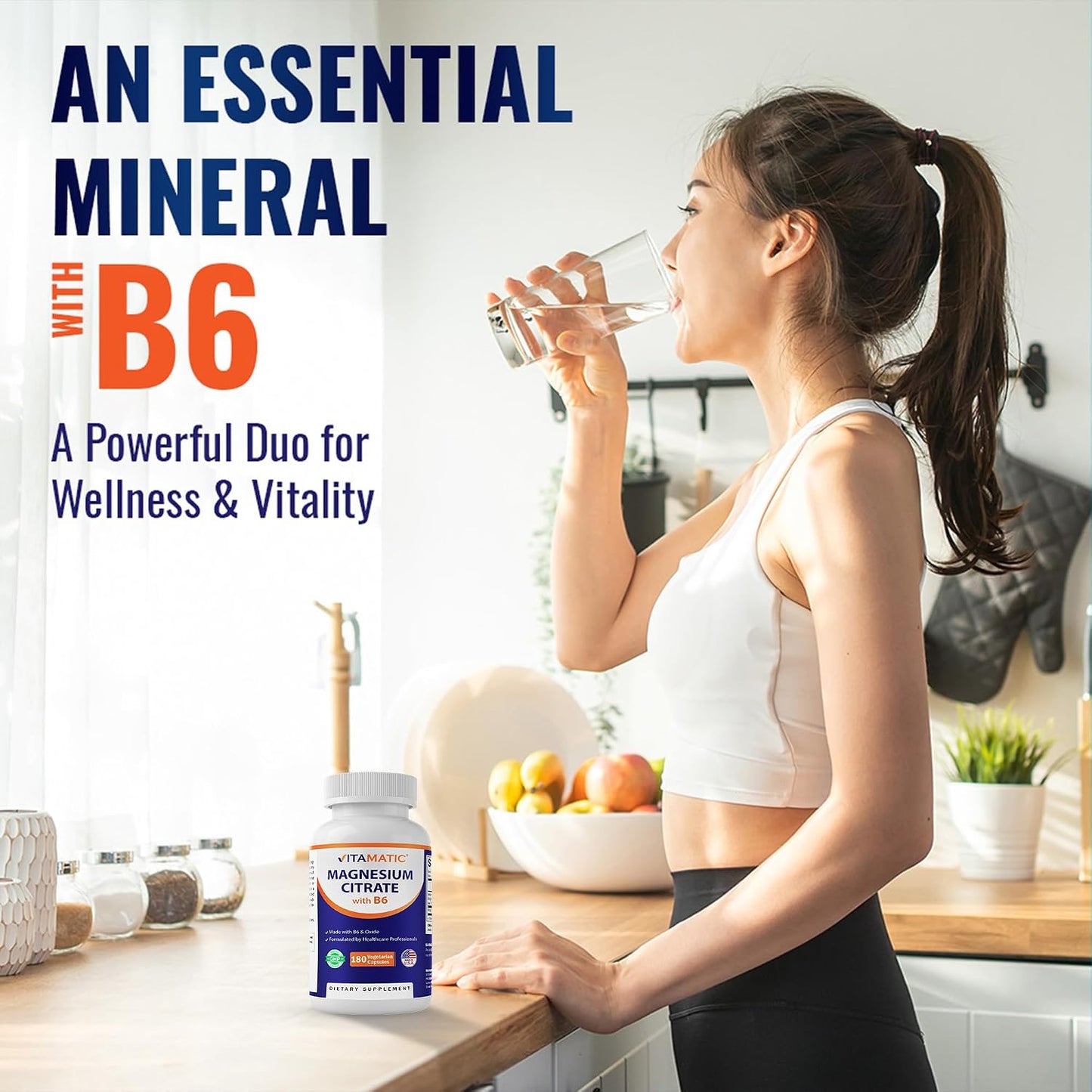 Vitamatic Magnesium Citrate 500mg per Serving - 180 Vegetarian Capsules (Provides 150 mg of Elemental Magnesium) - Added B6 for Maximum Absorption - Supports Muscle, Joint, and Heart Health*