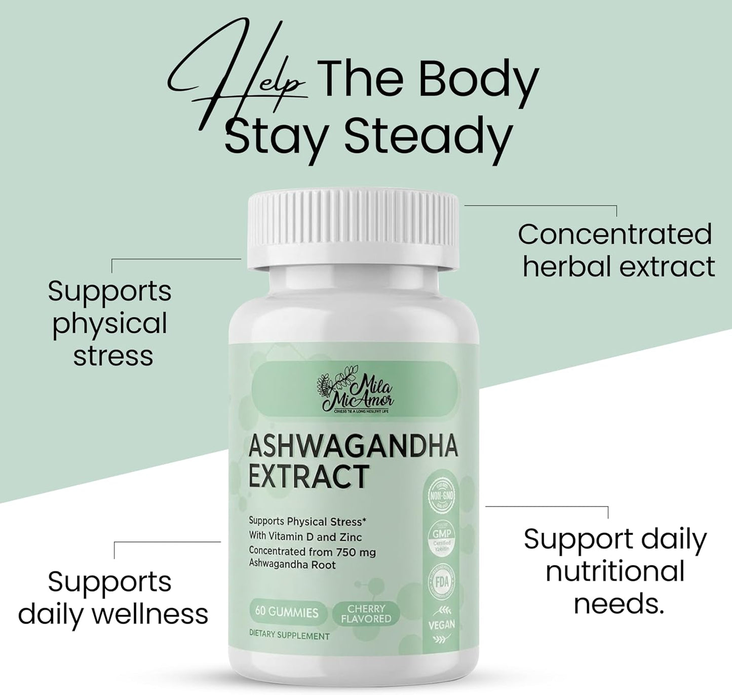 Ashwagandha Gummies 750mg with Vitamin D and Zinc - Daily Wellness Formula - Cherry Flavor, Vegan, Non-GMO - 60 Gummies