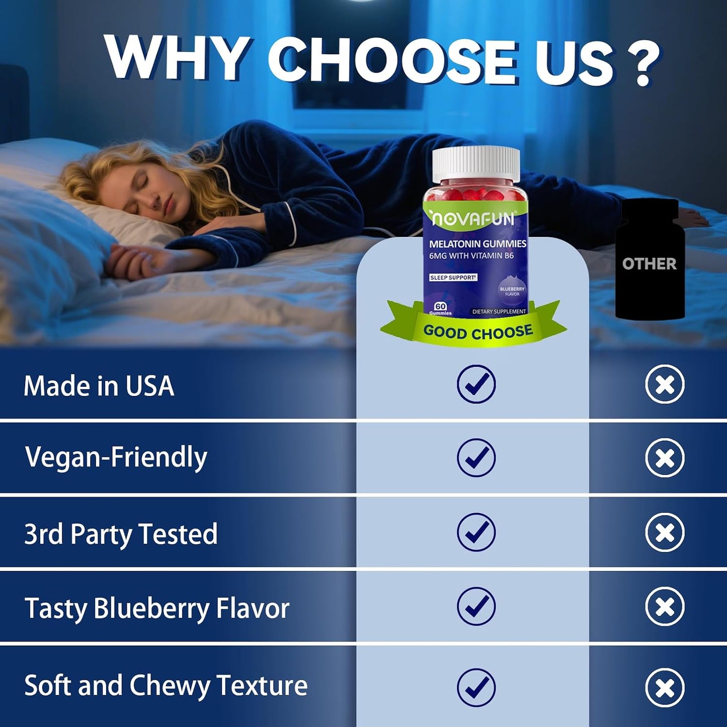 Melatonin Gummies 6mg, with Vitamin B6, Blueberry Flavor Chewable for Adult, Vegetarian & Gluten-Free, 60 Count