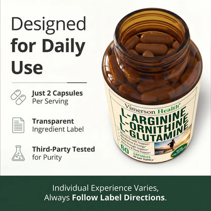 Vimerson Health L-Arginine L-Ornithine L-Glutamine with Colostrum – HGH Supplements for Men & Women – Muscle Growth & Recovery Support – 60 Capsules 30-Day Supply