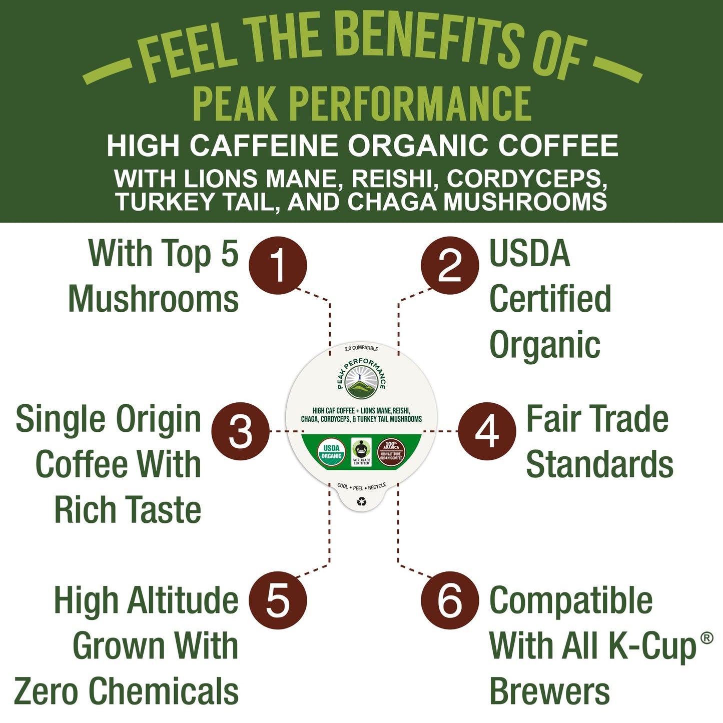Organic Mushroom Coffee Pods with Lion's Mane, Reishi, Cordyceps, Turkey Tail, and Chaga Mushrooms. High Altitude, Low Acid, Smooth Tasting, Fair Trade, Instant Nootropic Coffee (Medium Roast Ground)