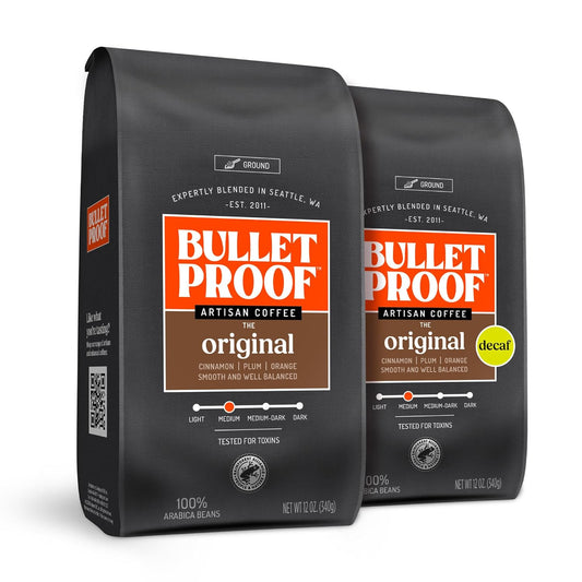 Bulletproof Original Medium Roast Ground Coffee 12 Ounces and Original Medium Roast Ground Decaf 12 Ounces Bundle, 100% Arabica Coffee, Clean Coffee Tested for Toxins, Sustainably Sourced