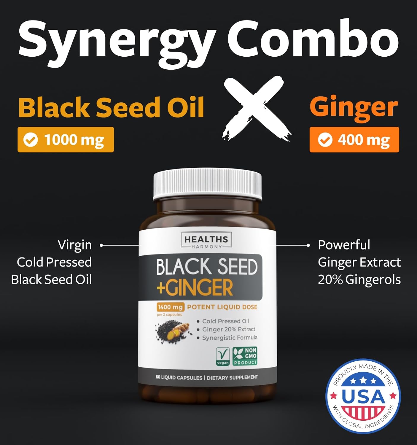 Cold-Pressed Black Seed Oil Capsules - Vegan Non-GMO Nigella Sativa Black Seed Oil Supplement with Ginger Extract for Wellness & Digestive Health Support - Gingerol & Thymoquinone-Rich (1 Month)