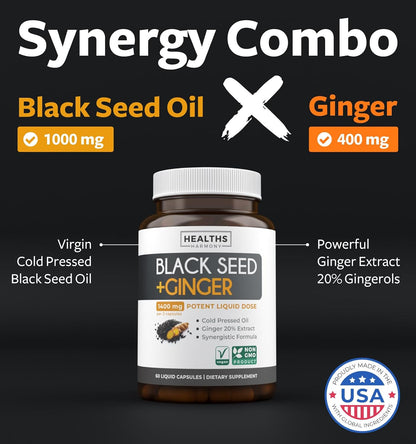 Cold-Pressed Black Seed Oil Capsules - Vegan Non-GMO Nigella Sativa Black Seed Oil Supplement with Ginger Extract for Wellness & Digestive Health Support - Gingerol & Thymoquinone-Rich (1 Month)