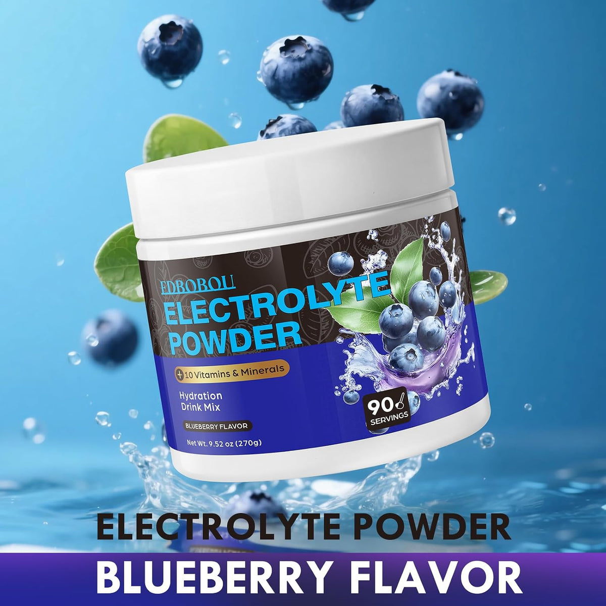 Sugar Free Blueberry Electrolyte Powder Hydration Drink Mix Keto Friendly, Vegan, Non-GMO Fast Hydration with Potassium, Magnesium, Sodium Gluten Free, No Artificial Additives, 90 Servings