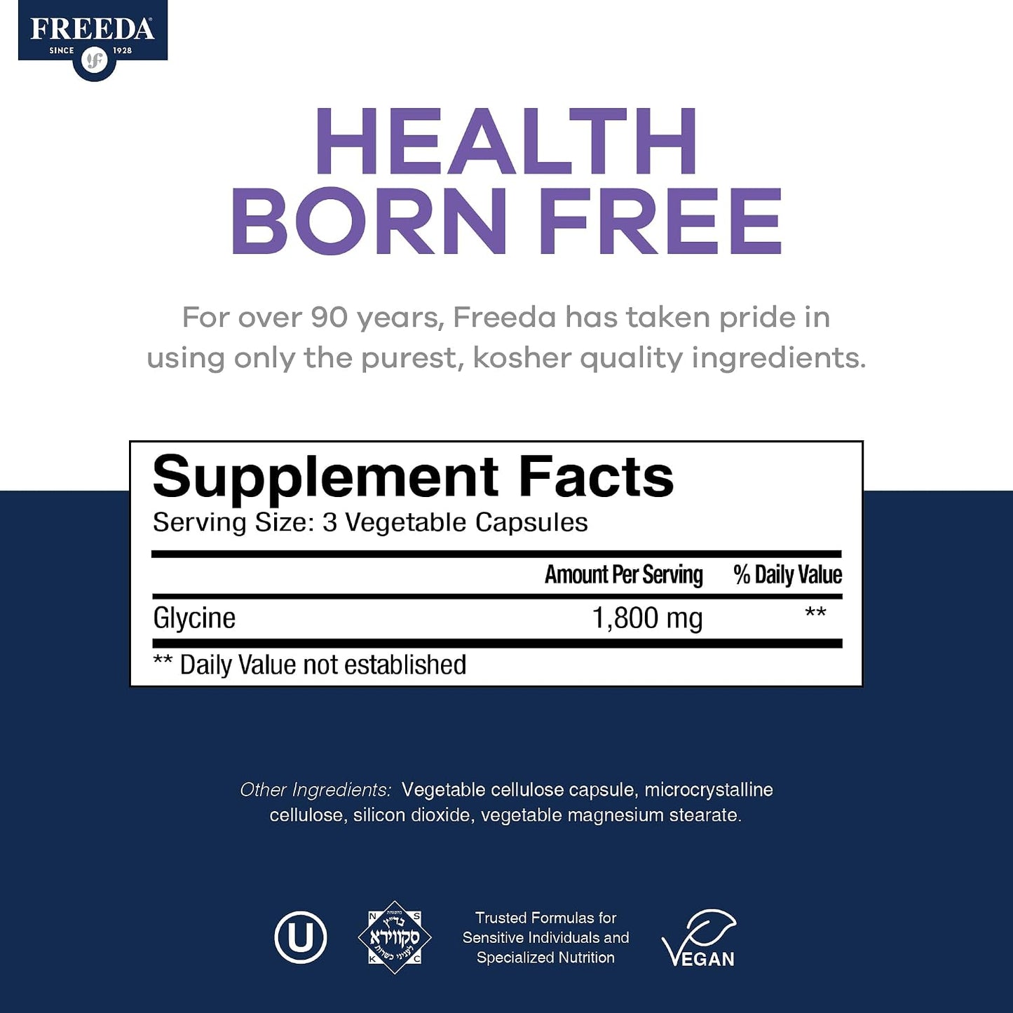 FREEDA Pure Glycine 1800mg Amino Acid Supplement – 100 Capsules | Supports Relaxation, Sleep Quality & Recovery with Pure L-Glycine - Vegan, Kosher, and Gluten-Free Formula