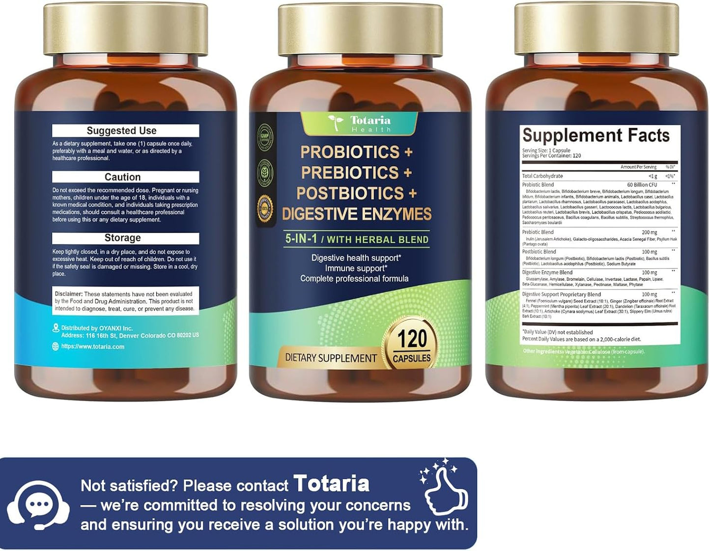 Totaria 5-in-1 Probiotic Prebiotic & Postbiotic for Women Men, 60 Billion CFU 24 Strains w/Digestive Enzymes, Prebiotic Fiber, Slippery Elm, Daily Complete Immune, Gut Health, 120 Day Supply