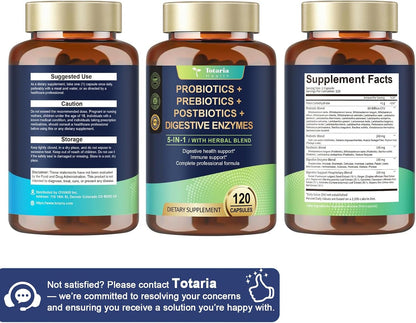 Totaria 5-in-1 Probiotic Prebiotic & Postbiotic for Women Men, 60 Billion CFU 24 Strains w/Digestive Enzymes, Prebiotic Fiber, Slippery Elm, Daily Complete Immune, Gut Health, 120 Day Supply