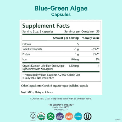 PURE SYNERGY Blue-Green Algae Capsules | Superfood with Chlorophyll | Organic Superfood Supplement from AFA Blue Green Algae | Supports Energy, Mental Clarity, and Detoxification (90 Capsules)