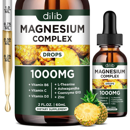 Triple Magnesium Complex Supplement, Magnesium Glycinate, Blend, Citrate Liquid Drops 1000mg with Ashwagandha, CoQ10, Vitamin B6, C, D, Zinc -Support Calm Stress Relief, Bone, Muscle, Mood Vegan