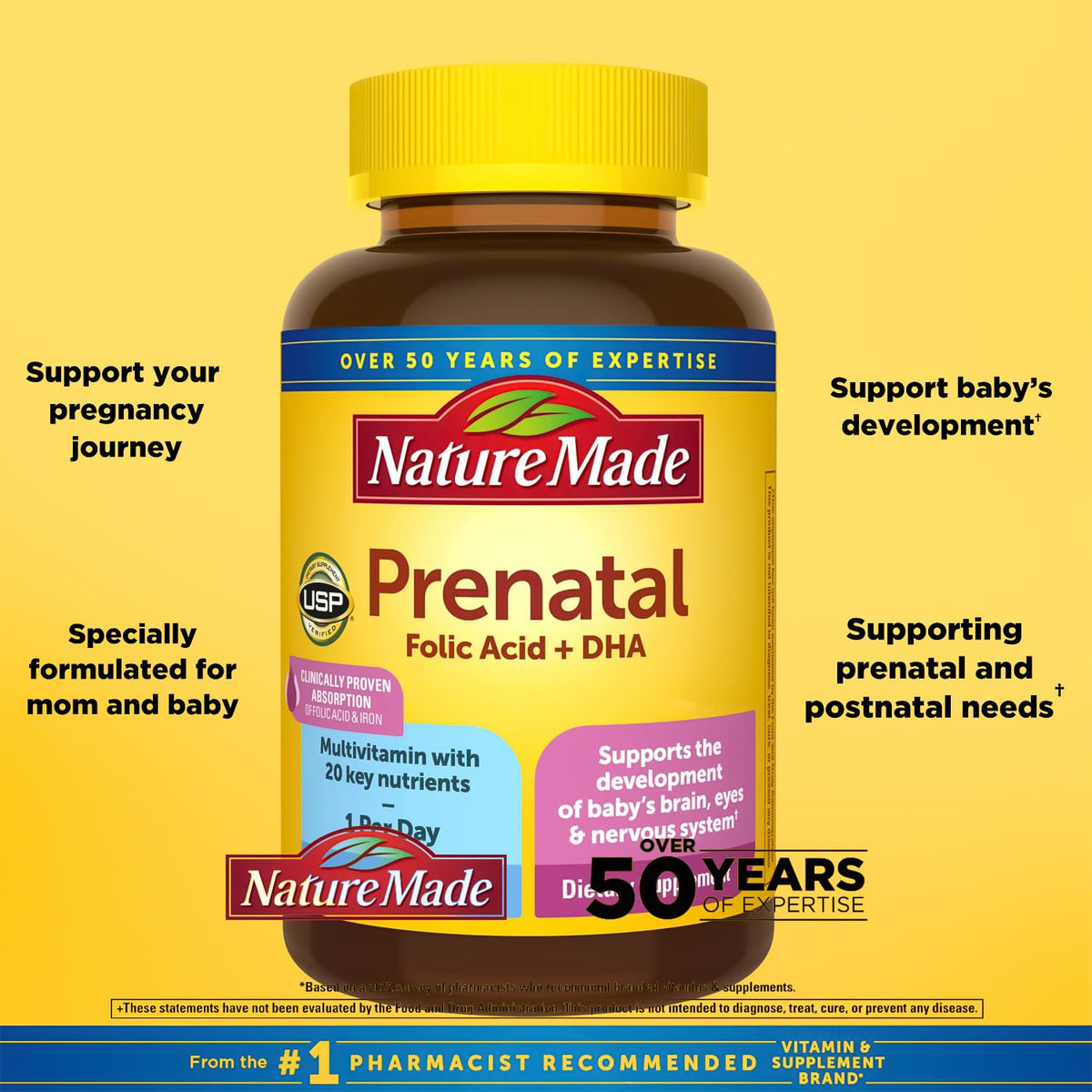 Nature Made Prenatal with Folic Acid + DHA, 200mg Prenatal Vitamin and Mineral Supplement