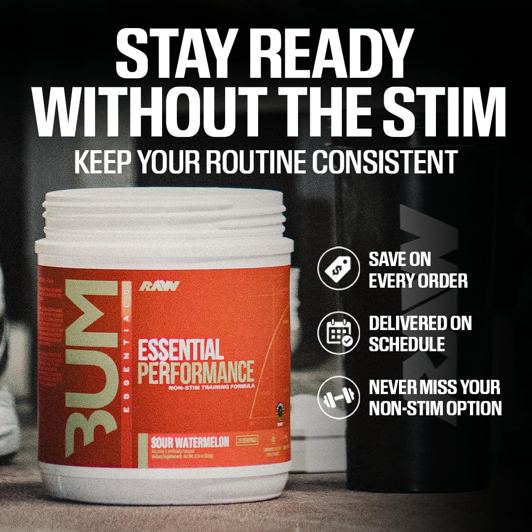 RAW Essential Performance Non-Stim Pre-Workout Powder - Preworkout for Endurance Strength & Focus Without Caffeine or Stimulants - Creatine Monohydrate, L-Citrulline & Beta Alanine - Blue Rathberry