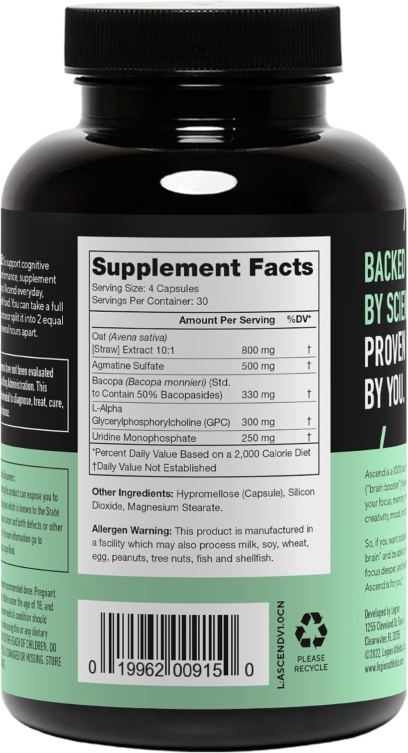LEGION Athletics Ascend Nootropic - All-Natural Brain Supplements for Memory and Focus - Nootropics Brain Support Supplement with Alpha-GPC - Brain Supplement for Alertness & Mood Support, 30 Servings