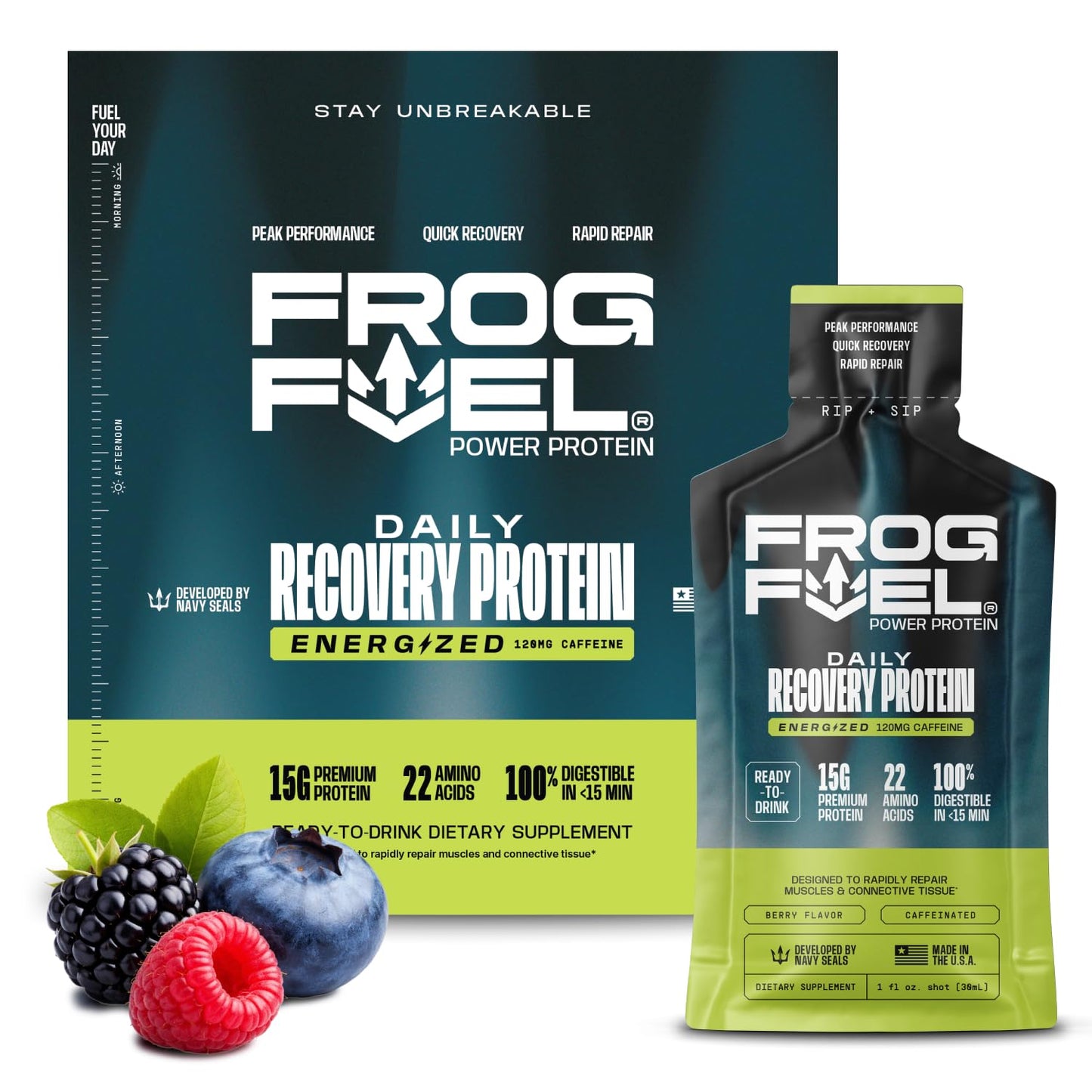 Frog Fuel Power Liquid Protein Shot, 15g Protein, Berry, 24 pk | Nano Hydrolyzed Grass Fed Collagen, Post Workout, 22 Amino Acids, Sugar & Fat Free, Gluten Free, 0 Carbs, 1 oz Shots