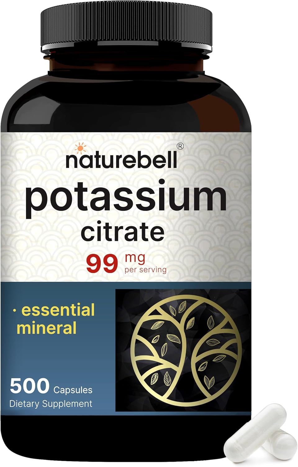 NatureBell Potassium Citrate 99mg, 500 Capsules - Chelated Mineral Supplements - Non-GMO, Gluten Free