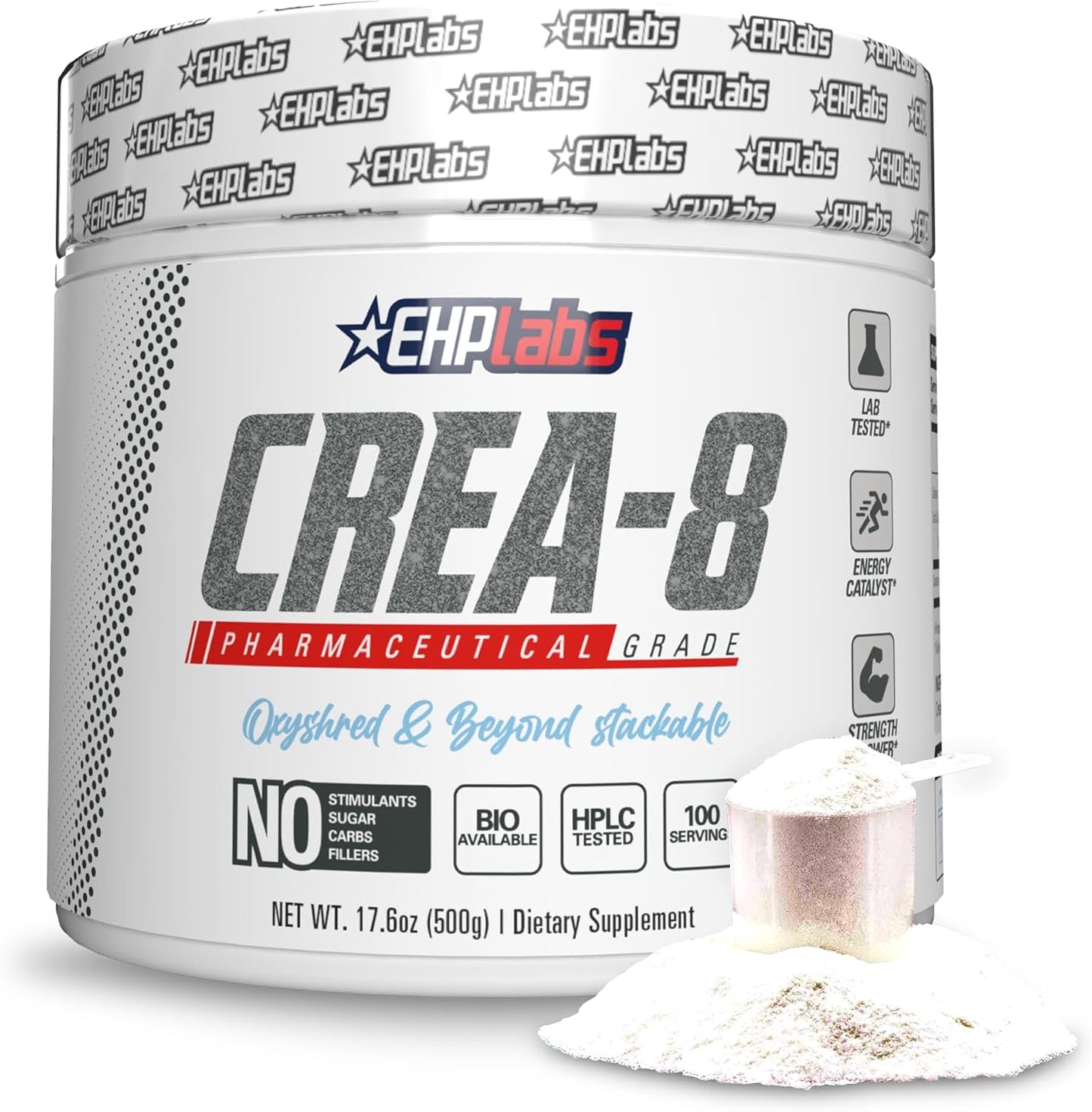 EHP Labs CREA-8 Creatine Monohydrate Powder, Unflavored, 100 Servings | Micronized Creatine For Muscle Growth, Strength & Energy. Mixes Easily, No Clumping. Pre Or Post Workout. 500g