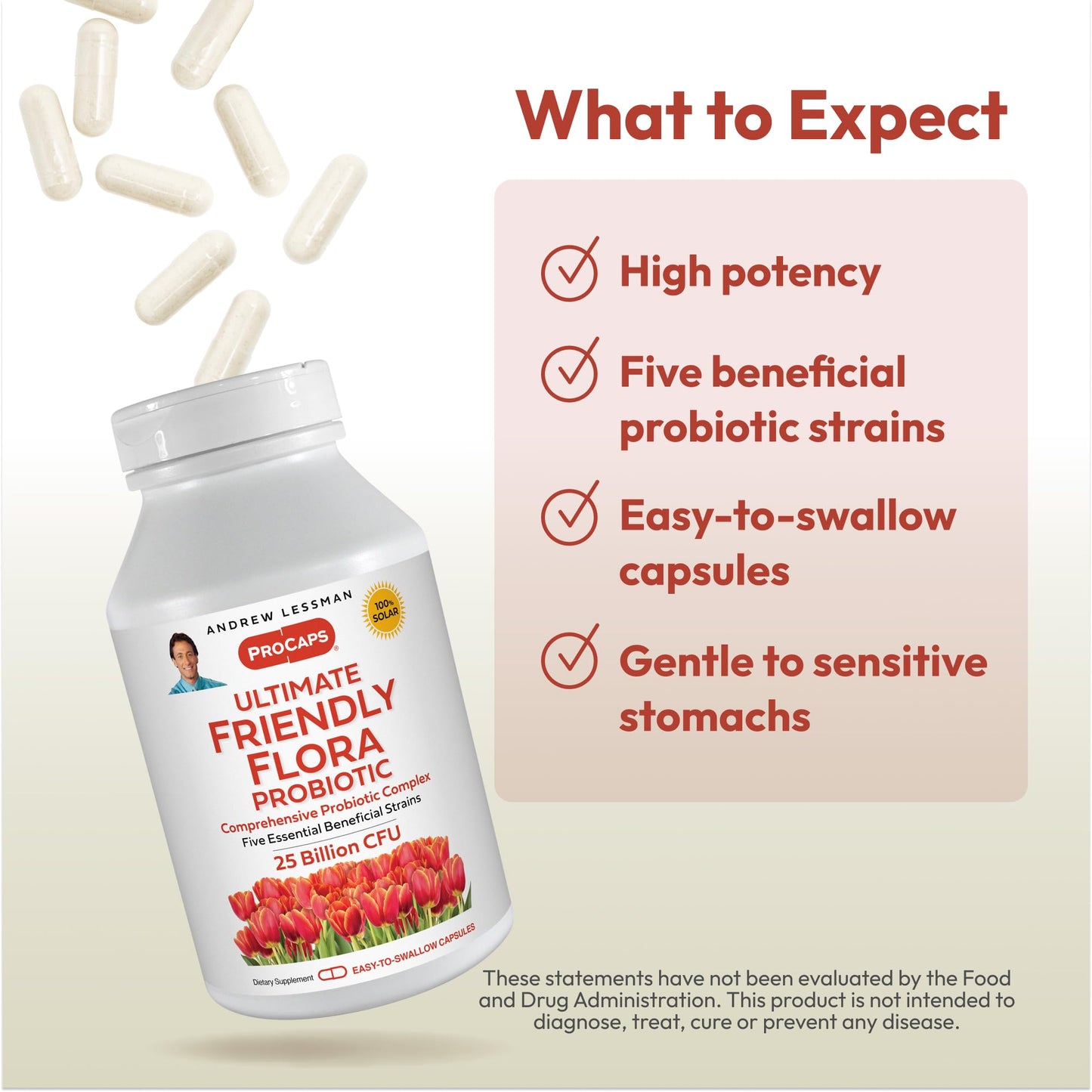 Andrew Lessman ProCaps Probiotic 25 Billion CFU 60 Capsules for Women & Men | Shelf-stable 25 Billion CFU. Four probiotic strains. No refrigeration required. Supports digestive & immune health.
