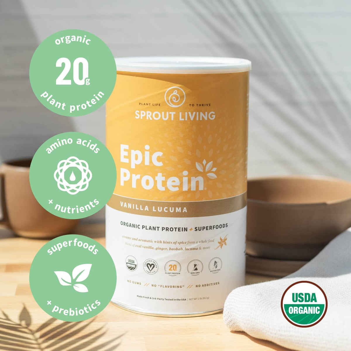 Sprout Living Epic Protein Bundle - Chocolate Maca & Vanilla Lucuma (20g Organic Plant-Based Protein Powder, Vegan, Gluten Free, Superfoods) | 2lb, 24 Servings