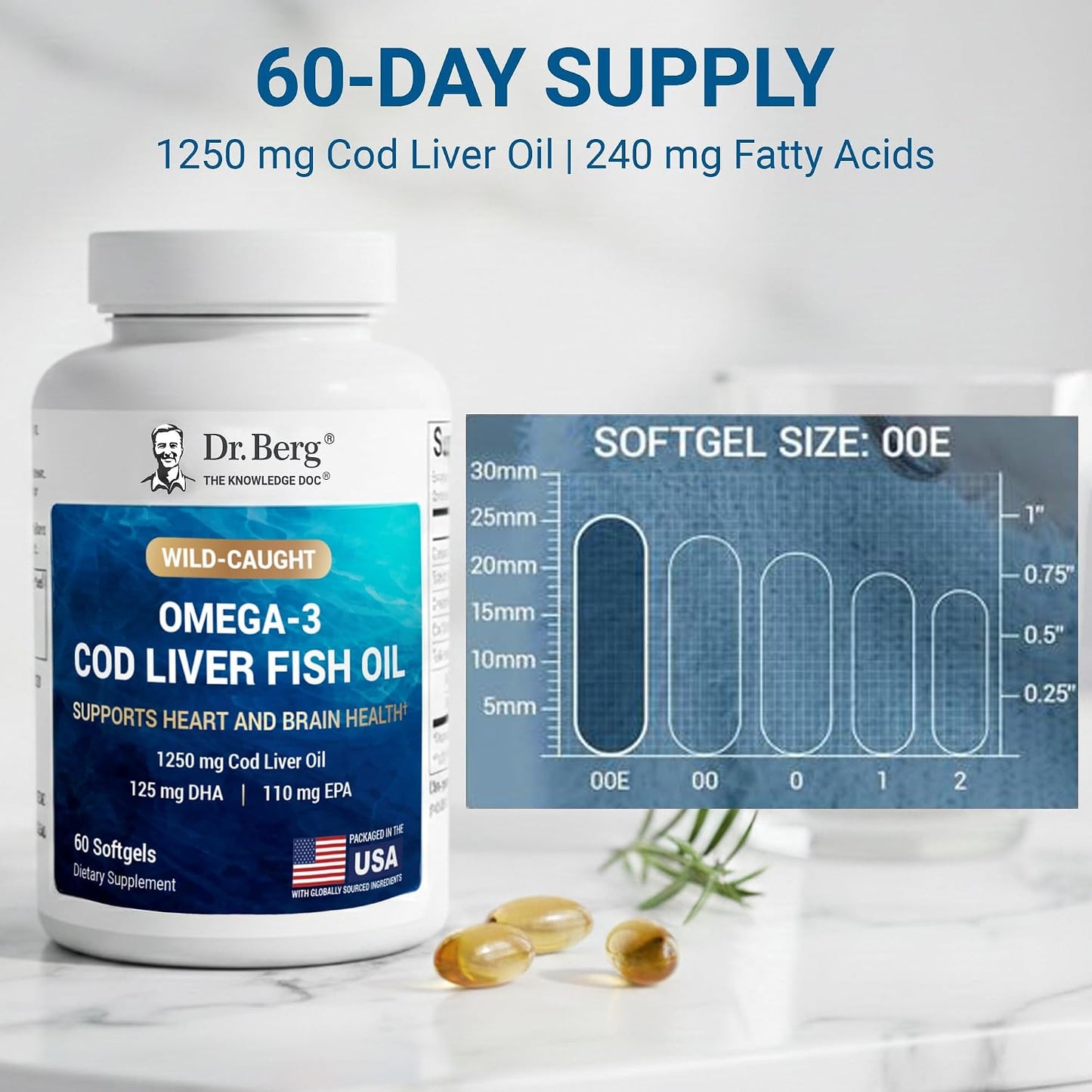 Dr. Berg Omega-3 Cod Liver Fish Oil 60 Softgels – Wild-Caught Icelandic Cod – Omega 3 EPA & DHA – Heart, Brain, Immune & Eye Support* – Lemon Flavor – 4X Lab-Tested – Non-GMO, No Fillers