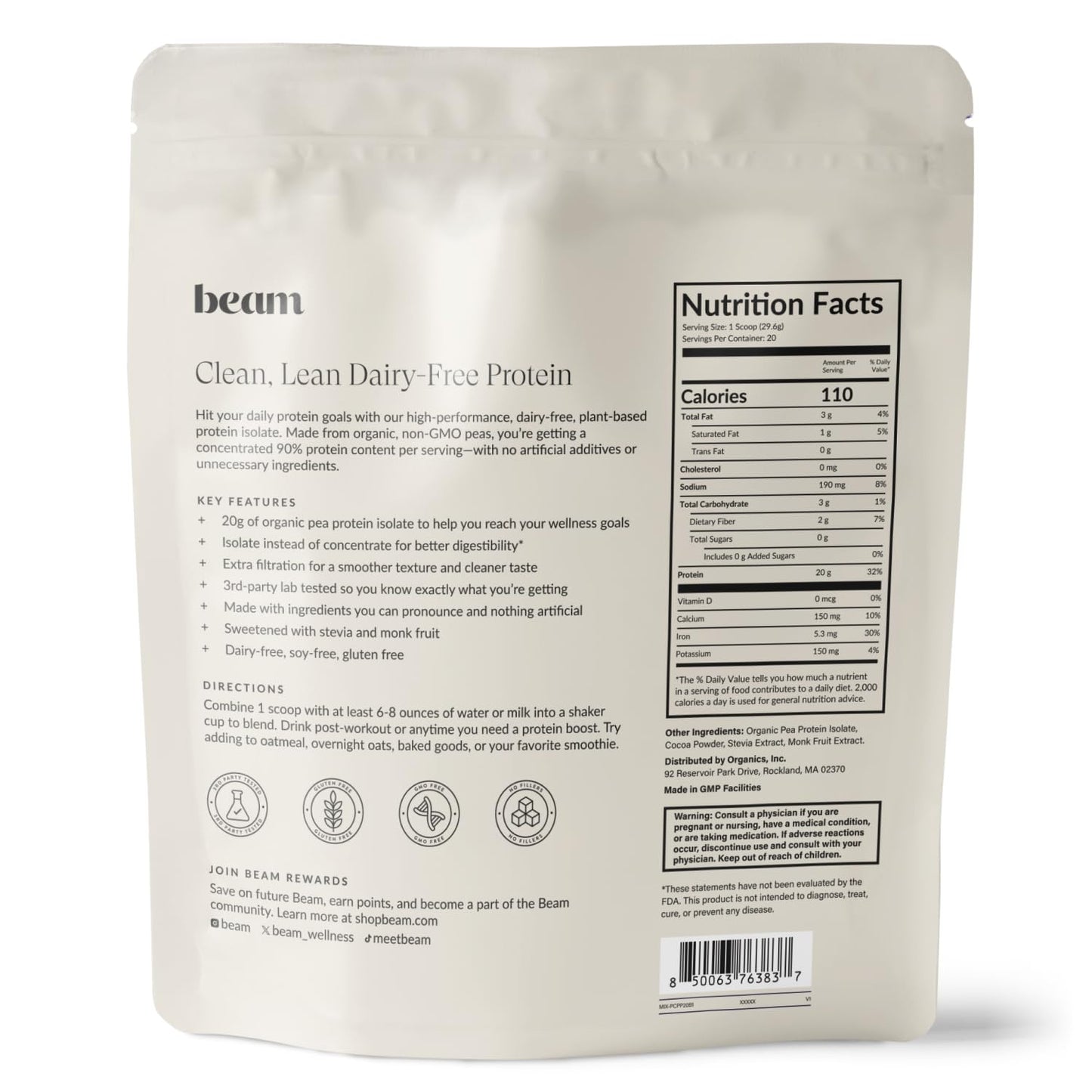 BEAM Vegan Protein Powder – Organic Pea Protein Isolate, 20g Plant-Based Protein per Serving, Third-Party Tested, No Added Sugar, Dairy Free, Soy Free, Gluten Free, 20 Servings, Chocolate