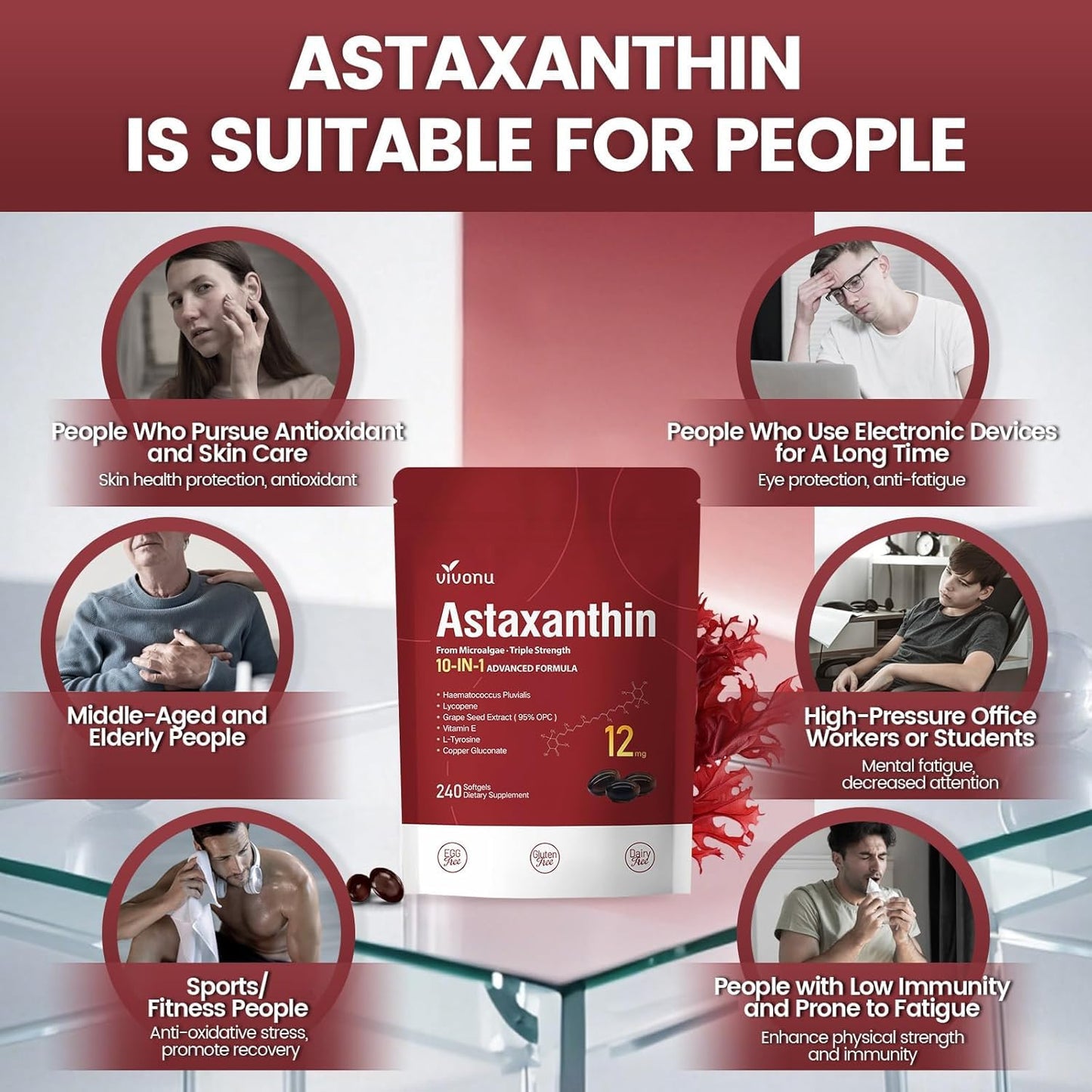 10 in 1 Astaxanthin 12mg Supplements, 4 Month Supply, Astaxantina Antioxidant from Fresh Haematococcus Pluvialis, Contains Lycopene, Grape Seed, Vitamin E, & More Supports Eye, Joints, Skin Health