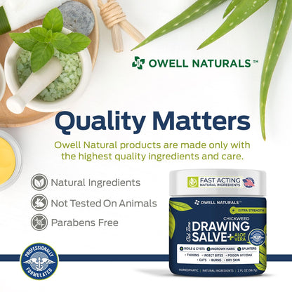 Owell naturals Chickweed Drawing Salve with Aloe Vera for boils, Cyst, Splinters, Poison Ivy/Oak, Skin Disorder, Irritations, Burns, Minor Cuts, Dry Skin, Itching