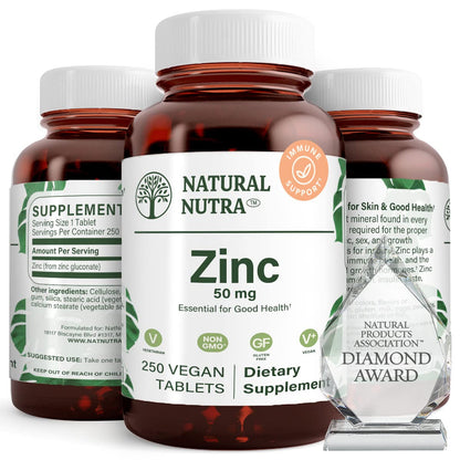 Natural Nutra Zinc Gluconate 50mg Supplement for Immune Support, Promotes Skin Health, Provides Ease From Flu & Cold, Boost Learning & Memory, Enhance Taste & Smell, Gluten Free 50mg 100 Vegan Tablets