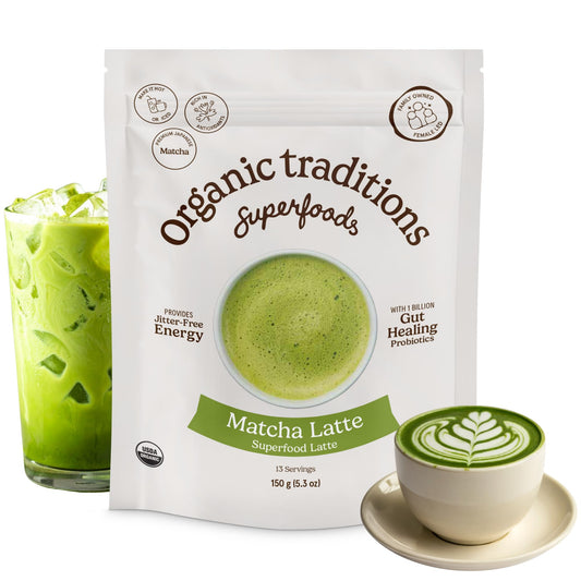 Organic Traditions Lavender Latte Calming Drink Mix, Caffeine Free Latte Blend with Lavender Powder, Tart Cherry, Probiotics, Reishi, and Ashwandha, Evening Beverage for Gentle Wind Down, 150g / 5.3oz