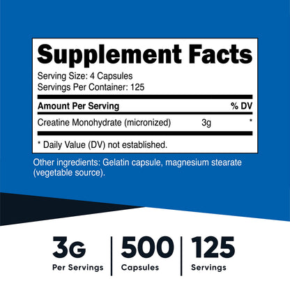 Nutricost Creatine Monohydrate 3000mg (750mg Per Cap), 500 Capsules (3 Bottles)