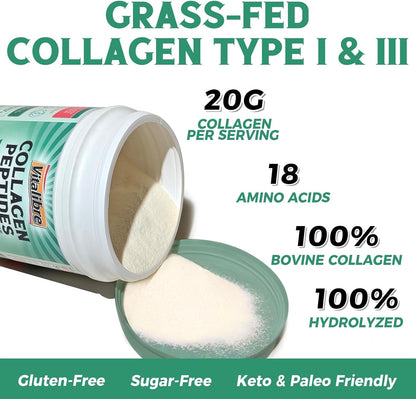 Vitalibre Bovine Collagen Peptides Powder for Women and Men, Grass-Fed Hydrolyzed Collagen Protein Type I & III, Skin, Hair, Nails, Bones, Digestion, Unflavored, Non-GMO, Keto & GF, 22 Servings, 16oz