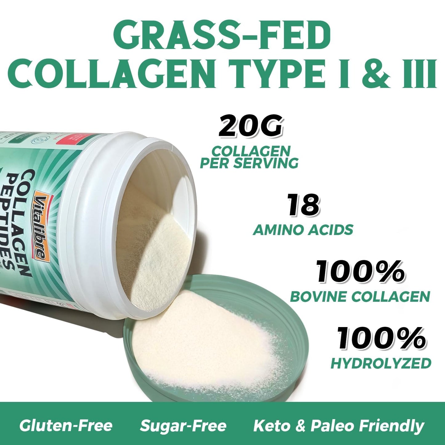 Vitalibre Bovine Collagen Peptides Powder for Women and Men, Grass-Fed Hydrolyzed Collagen Protein Type I & III, Skin, Hair, Nails, Bones, Digestion, Unflavored, Non-GMO, Keto & GF, 22 Servings, 16oz