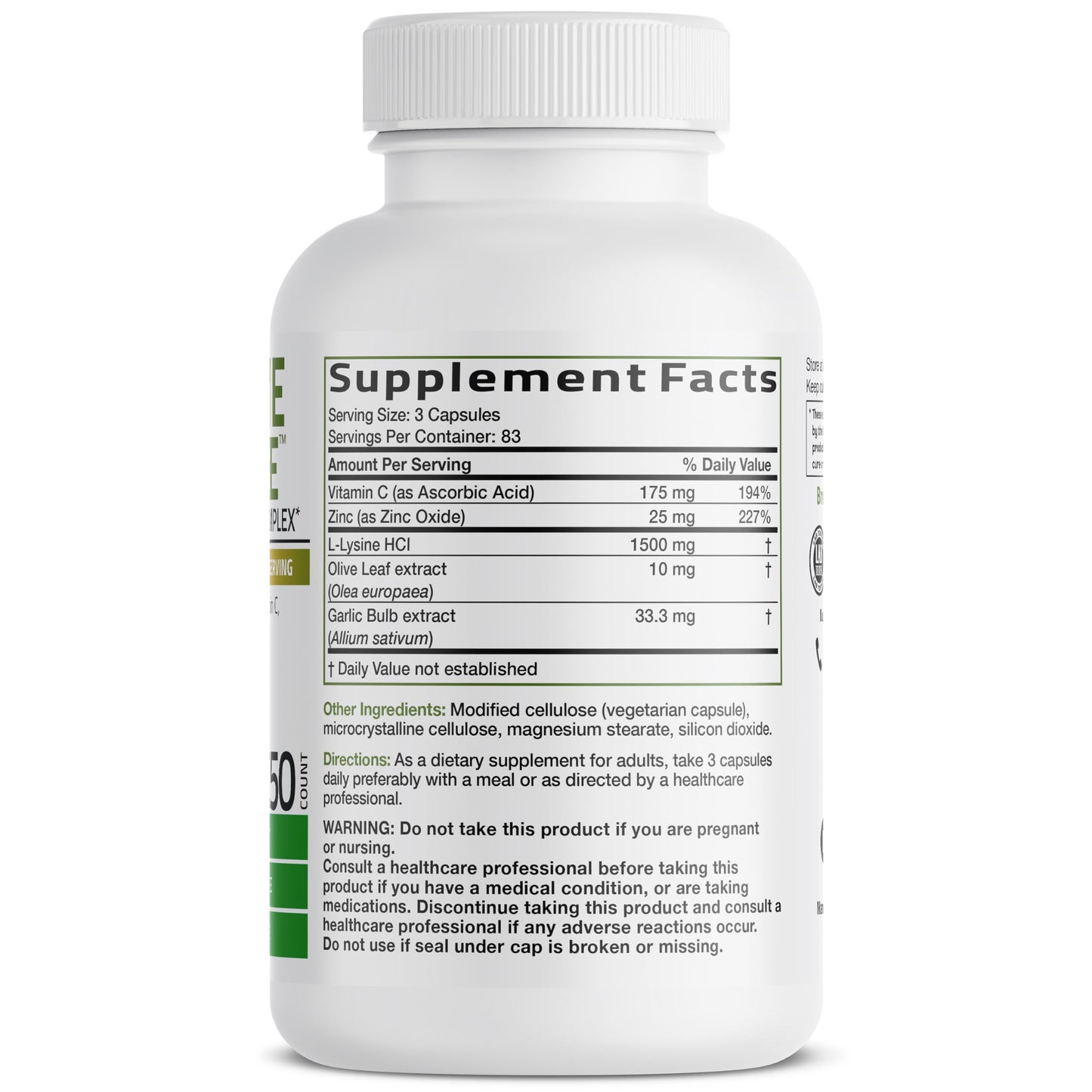 Bronson L-Lysine Defense Immune Support Complex, 1500 mg, 90 Capsules | Essential Amino Acid with Olive Leaf, Garlic, Vitamin C & Zinc, Vegetarian, Non-GMO, Gluten-Free & Soy-Free
