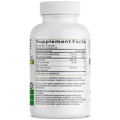 Bronson L-Lysine Defense Immune Support Complex, 1500 mg, 90 Capsules | Essential Amino Acid with Olive Leaf, Garlic, Vitamin C & Zinc, Vegetarian, Non-GMO, Gluten-Free & Soy-Free