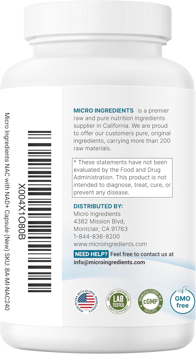 Micro Ingredients NAC with NAD+, 240 Vegetarian Capsules | 1,200 mg Per Serving | 2-in-1 N-Acetyl-L-Cysteine with Nicotinamide Adenine Dinucleotide | Non-GMO, cGMP Manufactured