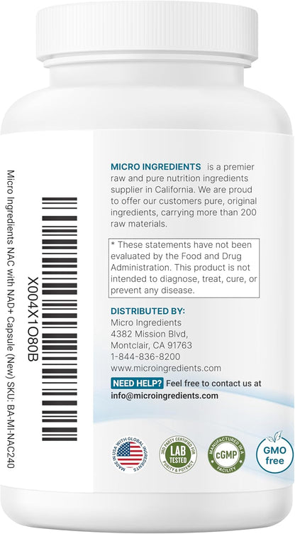 Micro Ingredients NAC with NAD+, 240 Vegetarian Capsules | 1,200 mg Per Serving | 2-in-1 N-Acetyl-L-Cysteine with Nicotinamide Adenine Dinucleotide | Non-GMO, cGMP Manufactured