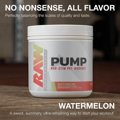 RAW Pump Stim Free Pre Workout (Watermelon) - Non-Stimulant Pre Workout Supplement Powder Nitric Oxide Booster - Pre Workout Supplements Drink for During Workout - 40 Servings