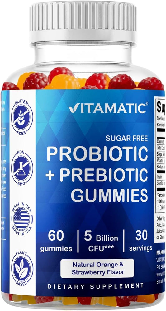 Vitamatic Sugar Free Probiotic + Prebiotic Gummies, 60 Count | 5 Billion CFU Bacillus Coagulans per serving, Support Digestive Health and Gut Flora Balance*, Non-GMO, Made in USA