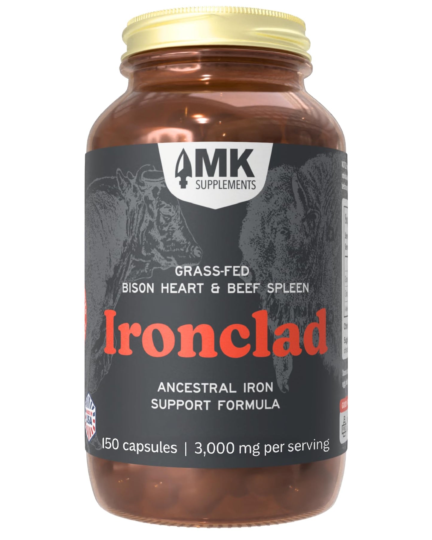 MK Supplements Grass-Fed Desiccated Beef Liver, Non-Defatted, Made in USA | 3,000mg per serving, 150 capsules, 30 servings, freeze-dried, regeneratively raised, amber glass bottle, family owned