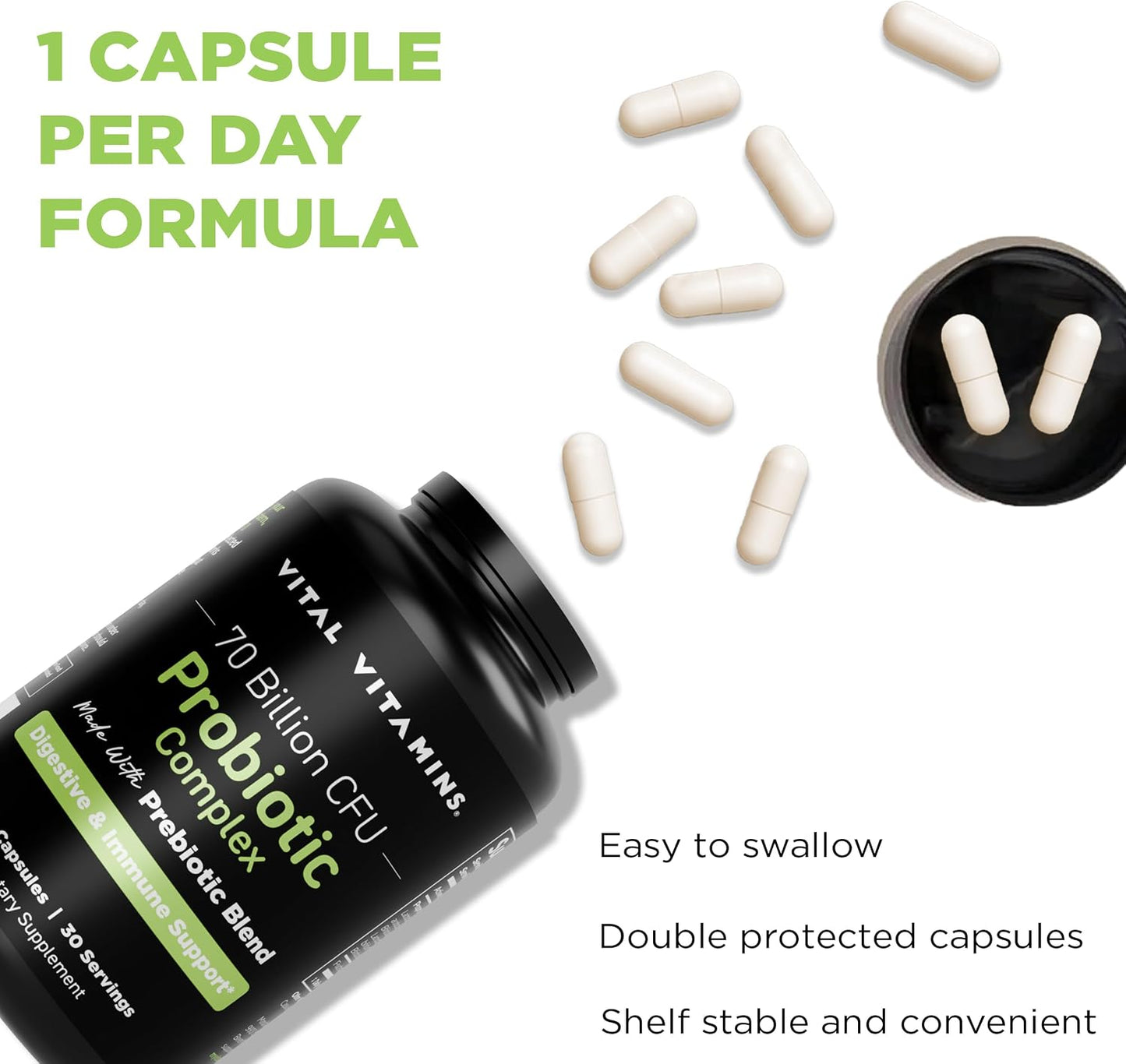 Vital Vitamins Probiotic Complex, 70 Billion CFU for Men & Women | 10-Probiotic Strain Blend with Prebiotic FOS, Supports Digestion & Immunity, Shelf-Stable, 30 Capsules