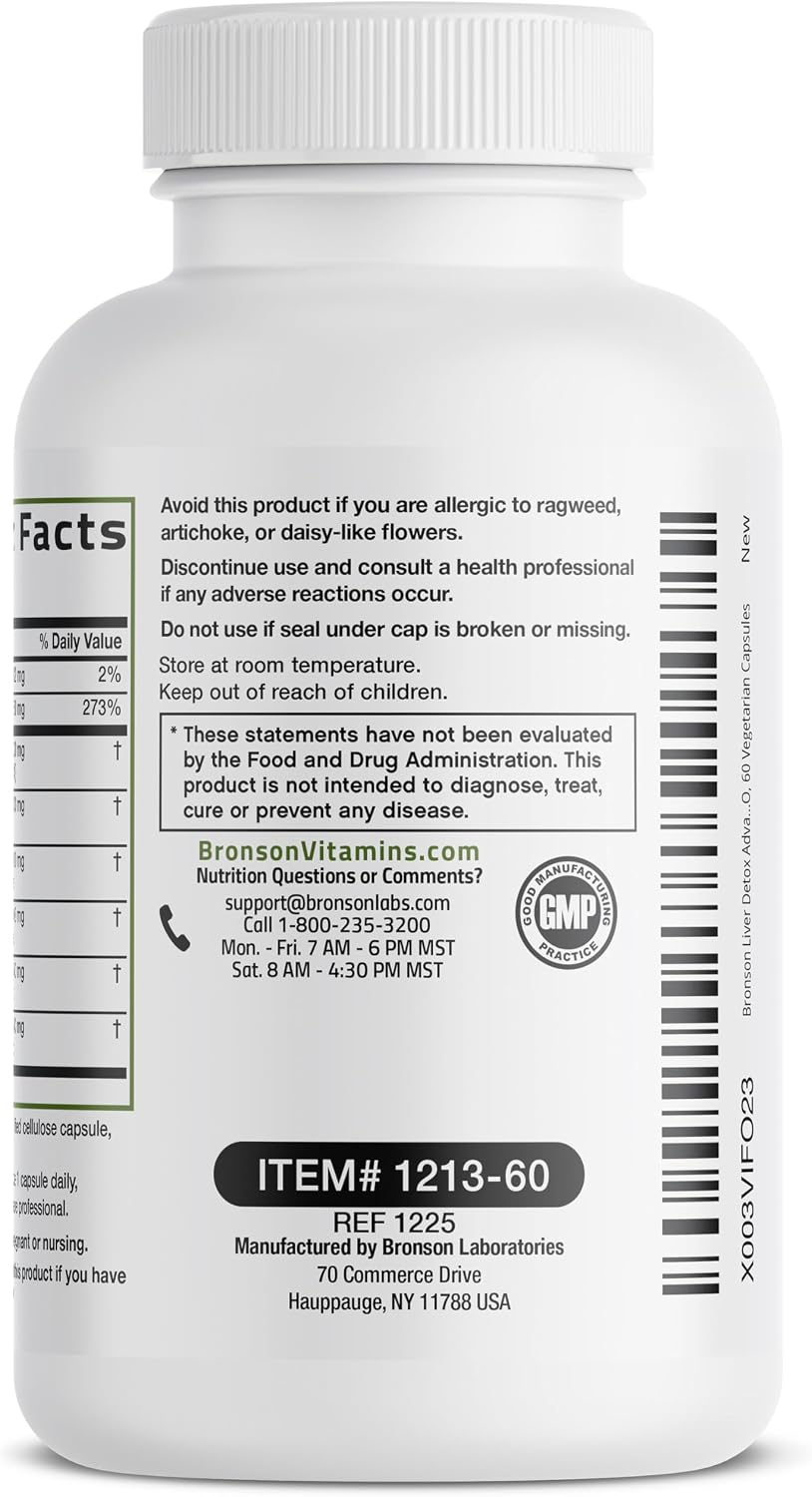 Bronson Liver Detox Advanced Detox & Cleansing Formula 60 Capsules | Liver Health Support with Milk Thistle, Dandelion Extract, Turmeric, Artichoke Leaf & Beet Root, Non-GMO, Soy-Free