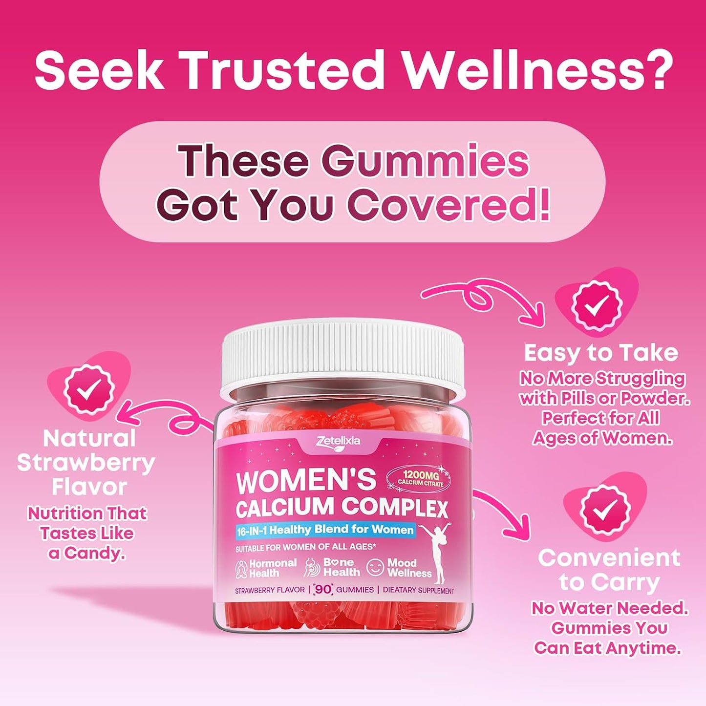Calcium Gummies for Women, Calcium Citrate 1200mg with Vitamin D3 K2, Collagen & Biotin, B0ne, Teeth, Immune & Hormone Support, Sugar Free, Non-GMO, Gluten-Free, Strawberry Flavor, 90 Count