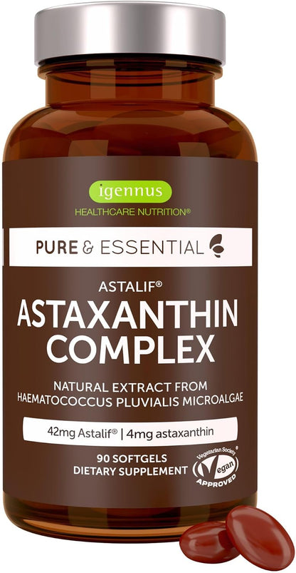 Igennus Vegan Astaxanthin 4mg Complex with Lutein and Zeaxanthin, 90 Small Softgels, from 42 mg Astalif, Natural Algae Antioxidant for Eyes, Skin & Joints, Non-GMO, H. Pluvialis