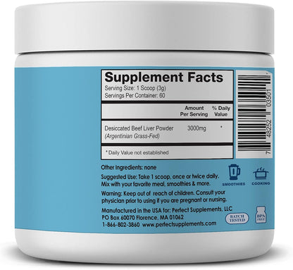 Perfect Supplements – Perfect Desiccated Liver Powder – 180 Grams – Undefatted Beef Liver – Natural Source of Protein, Iron, Vitamins A & B