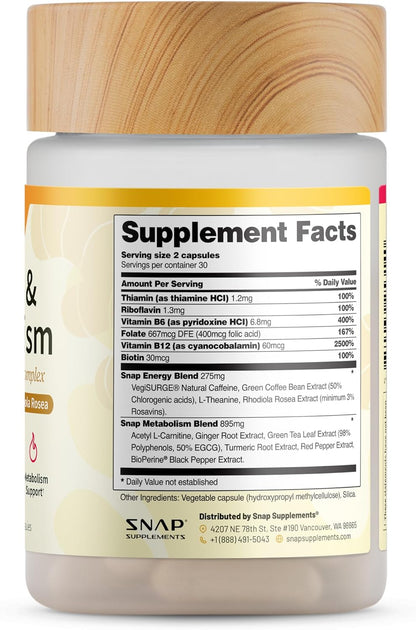 Snap Supplements Energy & Metabolism Adaptogenic Herbal Complex, 60 Count | Ginger, Turmeric, Rhodiola Rosea, Vitamin B12, Support Metabolism, Natural Energy, 30-Day Supply, Vegan, Gluten-Free, Non-GMO
