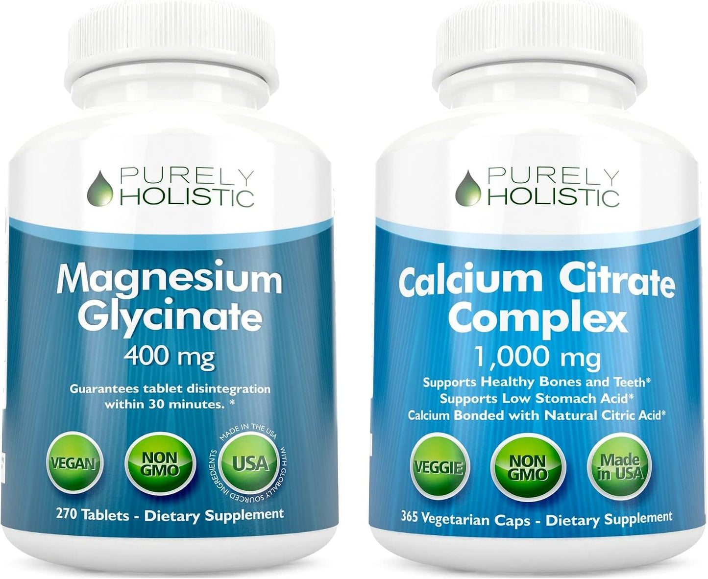 Magnesium Glycinate 400mg + Calcium Citrate 1000mg with Parsley, Dandelion & Watercress - Vegan Bundle - 270 Tablets & 365 Capsules