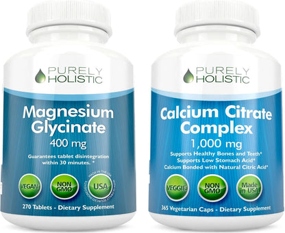 Magnesium Glycinate 400mg + Calcium Citrate 1000mg with Parsley, Dandelion & Watercress - Vegan Bundle - 270 Tablets & 365 Capsules