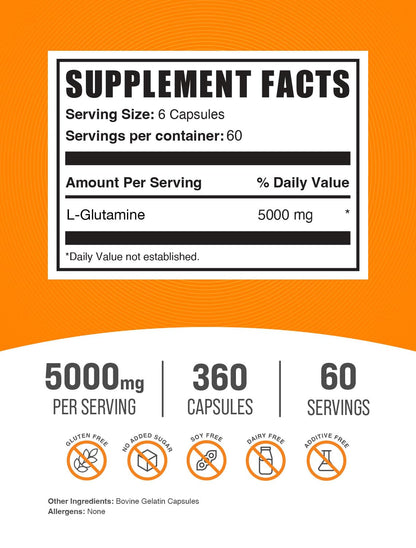 BulkSupplements.com L-Glutamine Capsules - Glutamine Supplement, Amino Acid Supplement - Gluten Free, 6 Capsules per Serving (5000mg), 360 Count (Pack of 1)